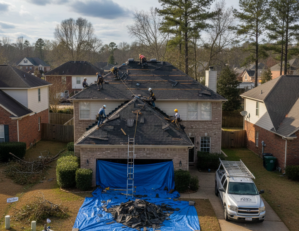 Roofing crew working on a residential roof replacement
